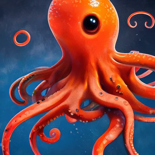 Prompt: a close up of an orange and black octopus, an airbrush painting by cyril rolando, featured on zbrush central, fantasy art, lovecraftian, zbrush, rendered in maya