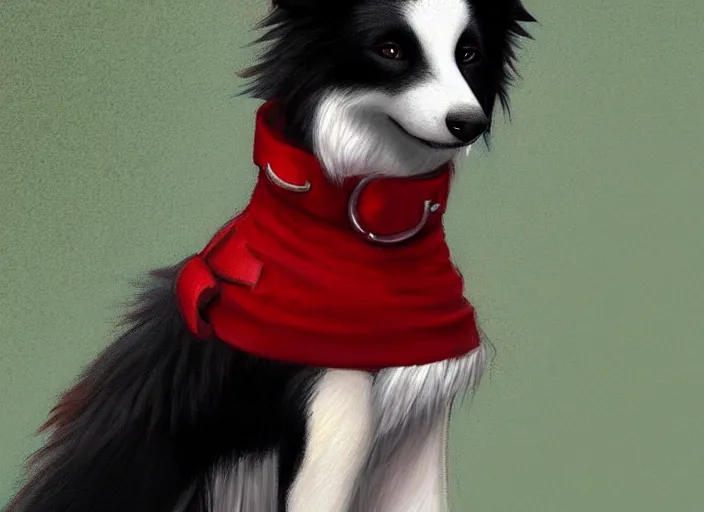 Prompt: full body digital painting of a cute male anthropomorphic border collie fursona wearing a red collar and standing outside, furaffinity, intricate, elegant, beautiful, realistic proportions, highly detailed, trending on artstation, art by charlie bowater and henry asencio and and ross tran