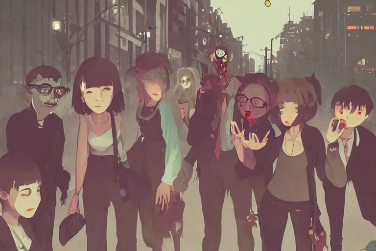 Prompt: a group of zombies hanging out in the streets of Buenos aires at night, muted colors, matte print, pastel colors, ornate, digital art, cute smile, digital painting, fan art, elegant, pixiv, by Ilya Kuvshinov, by Studio Ghibli