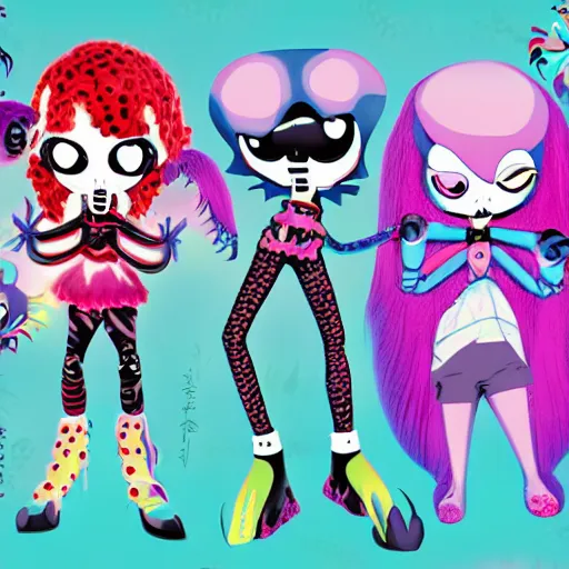 Prompt: CGI haunted lisa frank gothic punk vampiric ghostly underwater vampiric anthropomorphic squid character designs of various shapes and sizes by genndy tartakovsky and ruby gloom by martin hsu and the creators of fret nice being overseen by Jamie Hewlett from gorillaz and tim shafer from doublefine for a splatoon game by nintendo