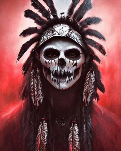 Image similar to the ghost - spirit of the grim - warpaint wears the scarlet skull armor and native blood headdress feathers, midnight fog - mist!, dark oil painting colors, realism, cinematic lighting, various refining methods, micro macro autofocus, ultra definition, award winning photo