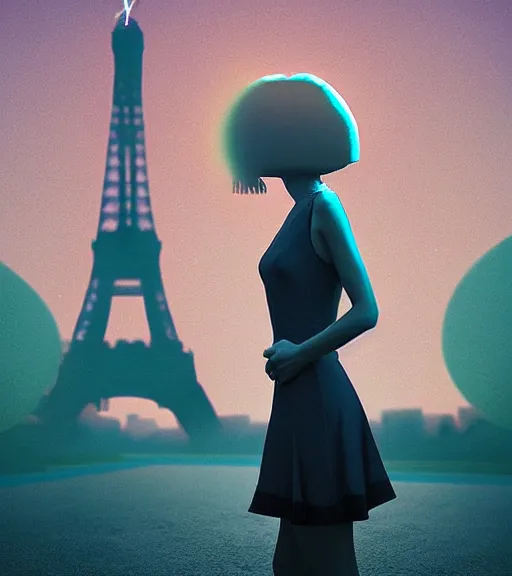 Prompt: a women wearing an eiffel tower dress. moody and melancholy. with a little bit of lens flare. digital art by beeple