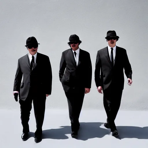 Image similar to blues brothers walking towards camera with white background. wearing suits. strong shadows. high contrast. serious look. carrying a pistol