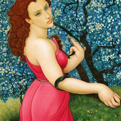 Prompt: scarlett johanson, spring, oak trees, sunset, by boticelli