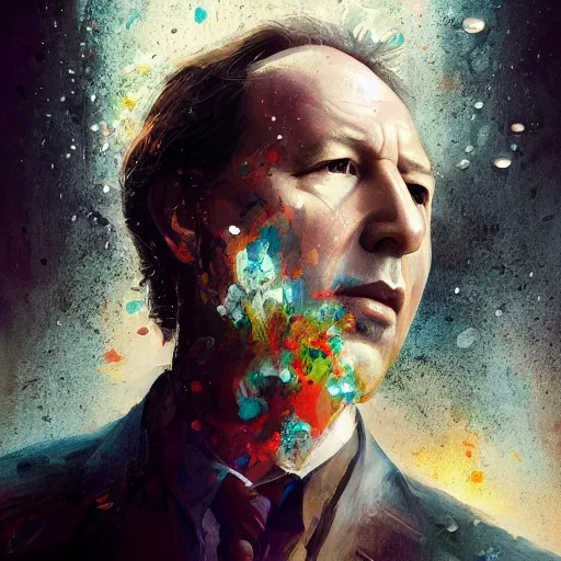 Image similar to Portrait of Hans Zimmer , German Composer, heroic, tricolor background, amazing splashscreen artwork, splash art, head slightly tilted, natural light, elegant, intricate, fantasy, atmospheric lighting, cinematic, matte painting, detailed face, by Greg rutkowski