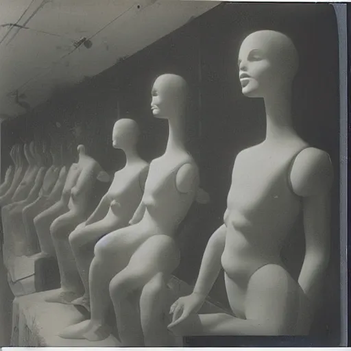 Prompt: creepy Polaroids of ominous department store wax mannequins melting during a heatwave 1929