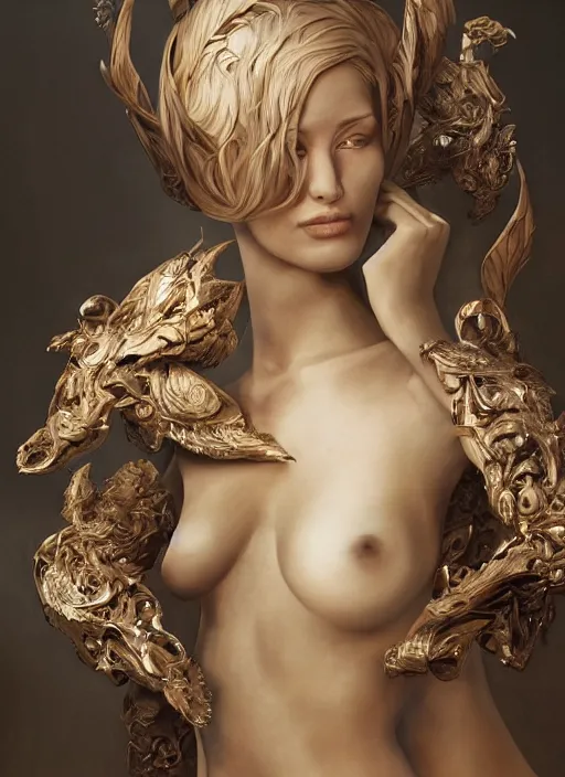 Image similar to sculpture made of wood, portrait, female, future, harper's bazaar, vogue, magazine, intricate, concept art, close up, ornate, luxury, elite, elegant, trending on artstation, by ruan jia, by Kenneth Willardt, by ross tran, by WLOP, by Andrei Riabovitchev,