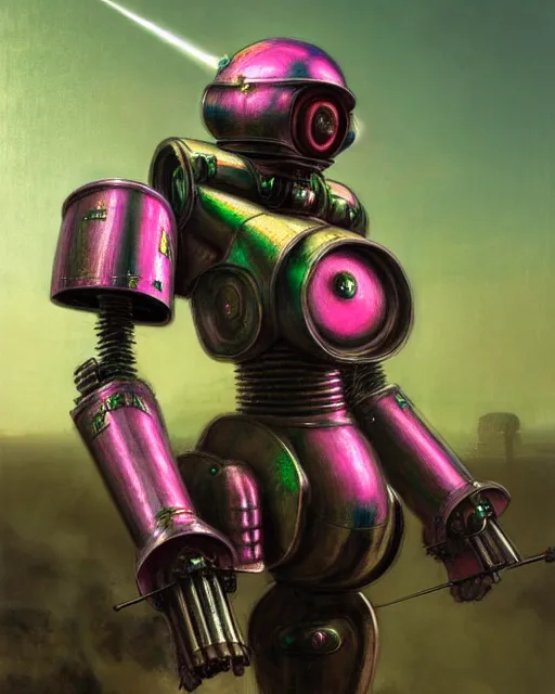 Prompt: hyperrealistic hyperdetailed medieval mecha iridescent pink performing war concept art santiago caruso de chirico sharp very dramatic green light 8k low angle shallow depth of field