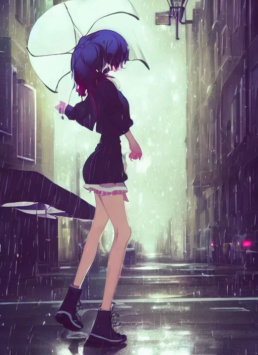 Image similar to listening to music at 2 am, night, pretty girl, pose, rain, lofi, lofi, peaceful, street light, anime key visual, poster, street wears, anime, by wlop, high quality, 4 k, trending, trending on artstation