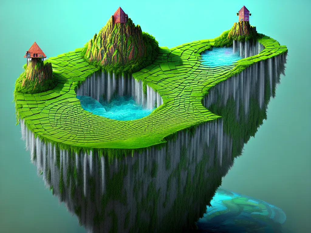 Prompt: hyper detailed cross section of terrain with water, geometric 3D render, scene view, amazing surreal landscape by Gediminas Pranckevicius,,trending on artstation