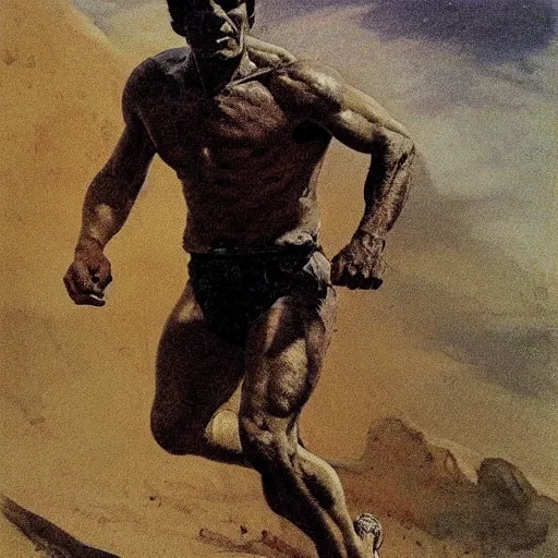 Prompt: mighty greek athlete running in an eerie landscape by frank frazetta--n 4