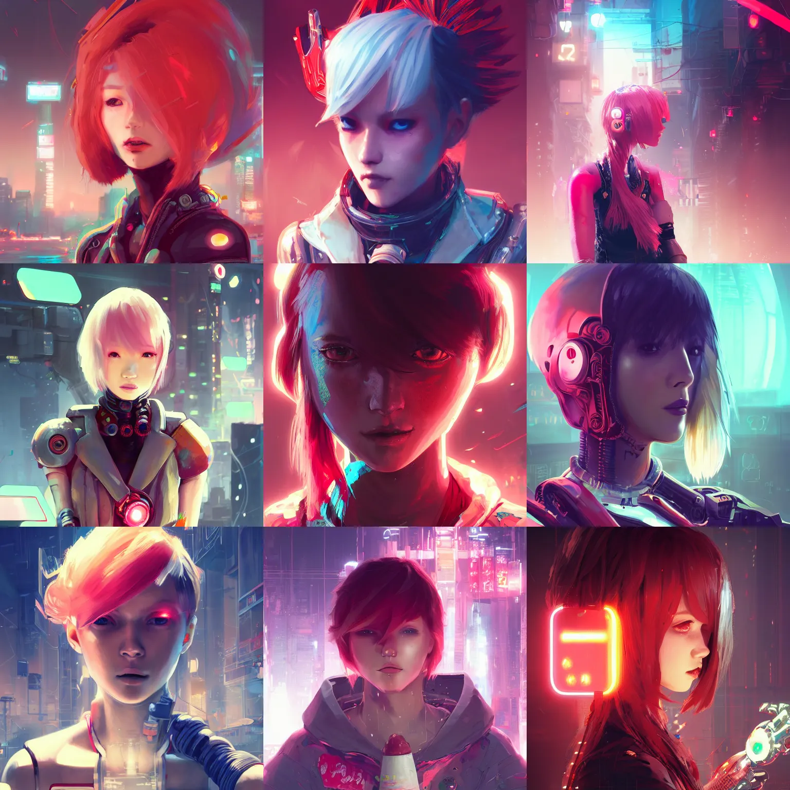 Prompt: highly detailed portrait of a young ice cream cone with a wavy vibrant red hair, neon cybernetic implants, cinematic lighting, dramatic atmosphere, by Dustin Nguyen, Akihiko Yoshida, Greg Tocchini, Greg Rutkowski, Cliff Chiang, 4k resolution, nier:automata inspired, bravely default inspired, cyberpunk background
