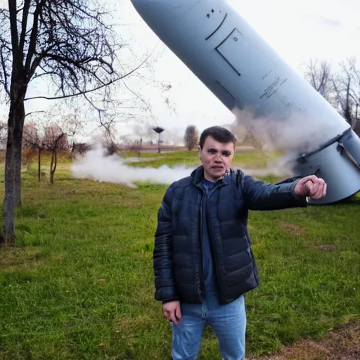 Image similar to selfie, funny intimidated ukrainian against the background of a fallen huge nuclear missile in his yard