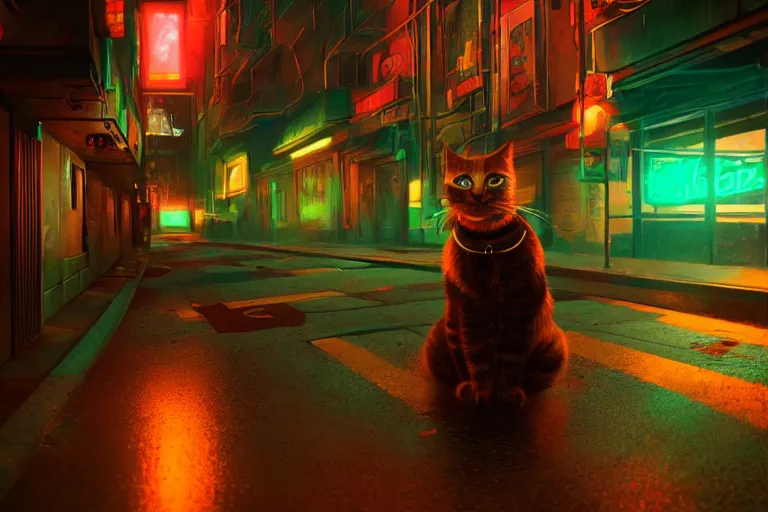 Prompt: cyberpunk ginger cat in the alley, neon lighting, rendered in unreal engine, trending on artstation, cyberpunk, night