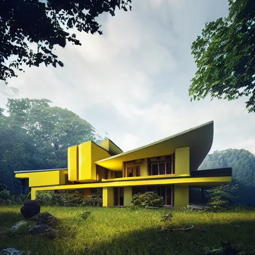 Image similar to modernist house inspired by a tibetan palace between big trees, yellow clouds, dramatic lighting, artstation, matte painting, raphael lacoste, simon stalenhag, frank lloyd wright, zaha hadid