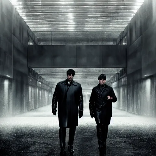 Prompt: 2 blurred men in black leather in a brutalist landscape in winter, heavy rain and mist, cinematic lighting