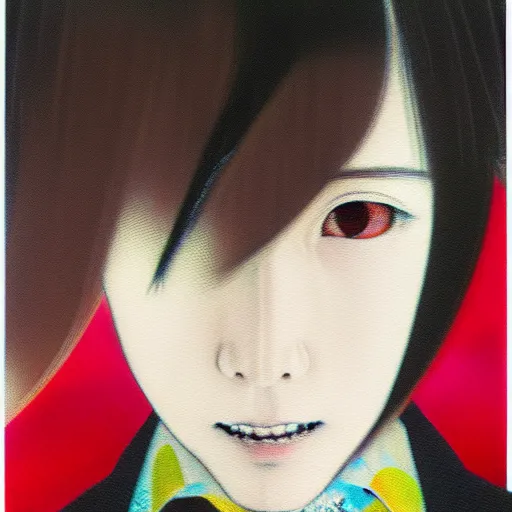 Image similar to yoshitaka amano blurred and dreamy realistic three quarter angle portrait of a young woman with short hair and black eyes wearing office suit with tie, junji ito abstract patterns in the background, satoshi kon anime, noisy film grain effect, highly detailed, renaissance oil painting, weird portrait angle, blurred lost edges