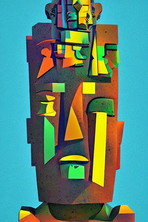 Image similar to cubist moai statue cutout digital illustration cartoon colorful beeple