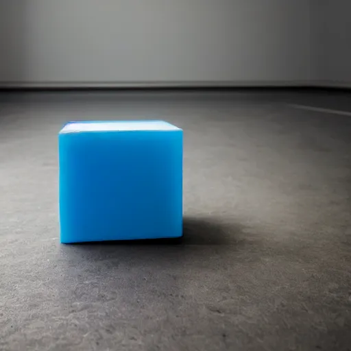 Image similar to single blue cube on studio floor, soft light