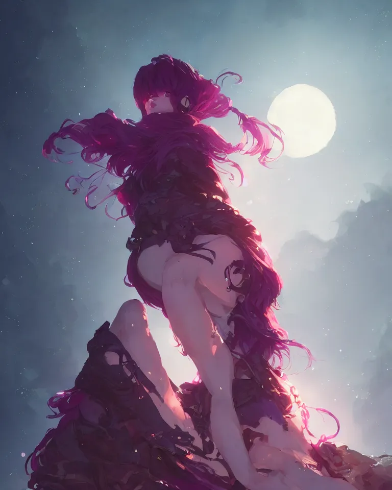 Image similar to A beautiful woman basking in the moonlight, with medium length magenta hair covering an eye, tall tree, large obsidian chunks, cinematic lighting, dramatic atmosphere, by Dustin Nguyen, Akihiko Yoshida, Greg Tocchini, Greg Rutkowski, Cliff Chiang, 4k resolution, trending on artstation