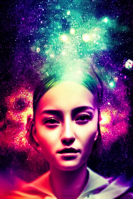 Prompt: intricate hyper detailed ultra sharp portrait photo, unsplash transparent fractal, galaxy in the background, intricate detail, elegant, hyper realistic, ultra detailed, octane render, volumetric cinematic lighting, 8 k post - production