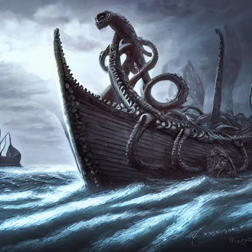Image similar to kraken breaking epic viking ship, kraken, wrecked ship, centered in picture, epic fantasy, detailed, intricate, digital painting, concept art, realistic, smooth, focus, rim light