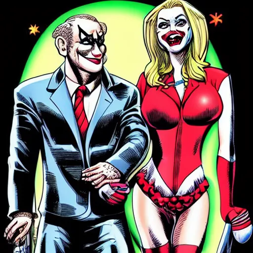 Image similar to portrait of Benjamin Netanyahu as the Joker and Sara Netanyahu as Harley Quinn, Neal Adams style ,Brian Bolland style