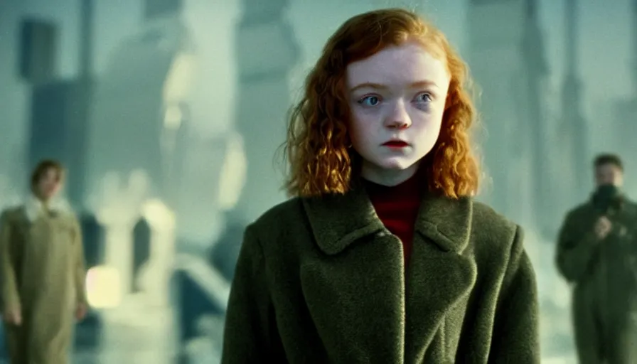 Image similar to sadie sink with trimmed hair in oversized man's coat : a still from a scifi soviet cyberpunk film from 1 9 8 0 s. by steven spielberg, robert zemeckis, francis ford coppola, james cameron. 6 5 mm low grain film stock. sharp focus, realistic facial expression, perfect anatomy, global illumination, radiant light, detailed and intricate environment, trending on artstation