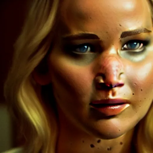 Image similar to cinematic jennifer lawrence, color photography, sharp detail, confused, still from the alien