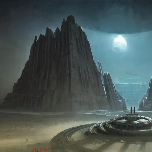 Image similar to pulp fantasy concept art painting of an alien civilisation, sacred monoliths, futuristic, technocracy, toxic, shrines, by greg rutkowski and james gurney