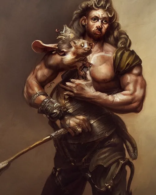 Image similar to baroque portrait of a male were-rat with the head of a rat. he is very muscular. he is wielding an axe. 4K trending on artstation by peter mohrbacher