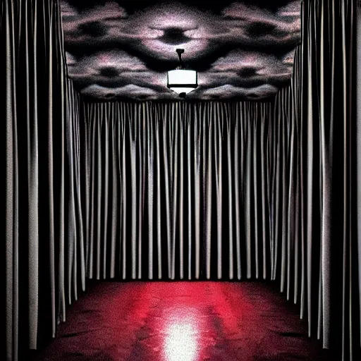 Image similar to the black lodge, Twin Peaks (1990), eerie surreal nightmare, lynchian, inspired by david lynch, red curtains, ominous, 4k horror artwork, trending on artstation, sharp focus