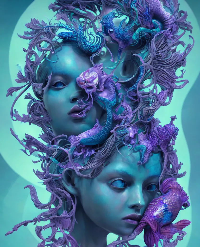 Image similar to goddess full color painted acryllic sculpture close-up portrait. orchid bird phoenix head, nautilus, skull, betta fish, bioluminiscent creatures, intricate artwork by Tooth Wu and wlop and beeple. octane render, trending on artstation, greg rutkowski very coherent symmetrical artwork. cinematic, hyper realism, high detail, octane render, 8k