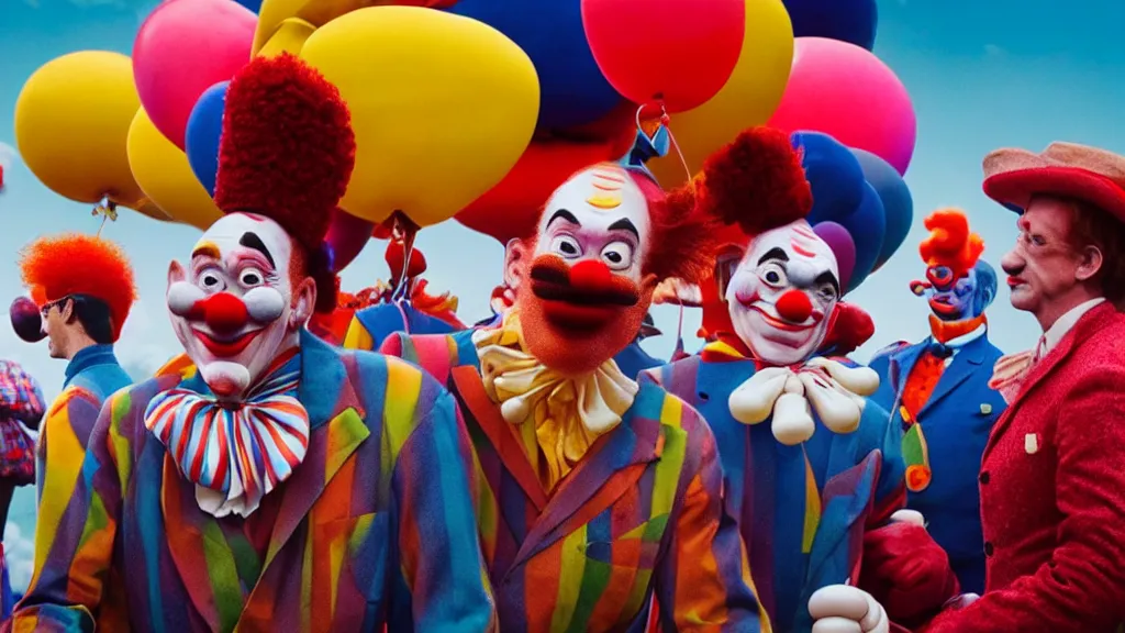 Image similar to the giants clowns at the fair, they tie a balloon animal, film still from the movie directed by denis villeneuve and david cronenberg with art direction by salvador dali and dr. seuss