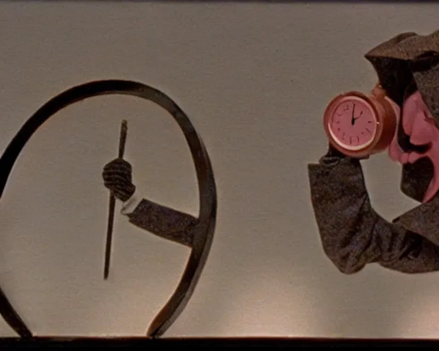 Image similar to still from a 1 9 9 3 surreal creepy live - action stop - motion puppetry film by fred stuhr in the style of a tool music - video, involving prison and clocks.