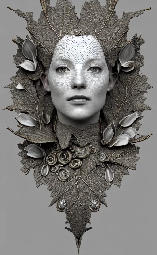 Image similar to [ [ [ tintype ] ] ] 3 d render of a beautiful porcelain profile woman face, vegetal dragon cyborg, rim light, silver gold details, magnolia leaves and stems, roots, fine lace, mandelbot fractal, anatomical, elegant, ultra detailed, white metallic armour, octane render, black and white, h. r. giger style