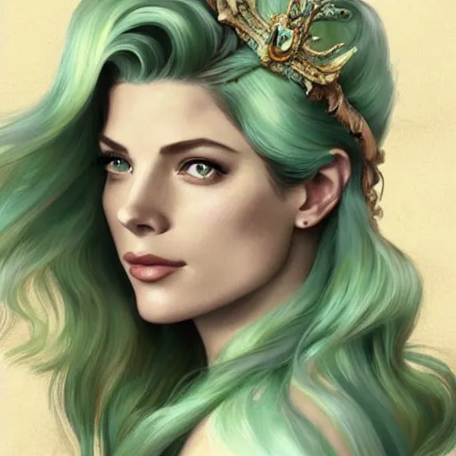 Image similar to A combination of Grace Kelly's and Katheryn Winnick's and Ashley Greene's faces with light green hair as a mermaid on the beach, western, fantasy, intricate, elegant, highly detailed, digital painting, artstation, concept art, matte, sharp focus, illustration, art by Artgerm and Greg Rutkowski and Alphonse Mucha