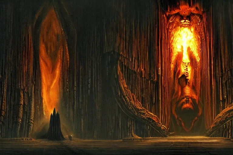 Prompt: balrog at the far end of a great hall in moria, style of h. r. giger, realistic movie still, cinematic, cgi,