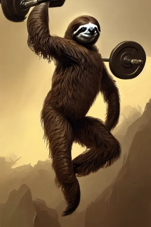 Image similar to anthro sloth lifting weights, dim dingy gym, dynamic pose, fantasy, intricate, elegant, highly detailed, digital painting, artstation, concept art, matte, sharp focus, illustration, art by artgerm and greg rutkowski and alphonse mucha