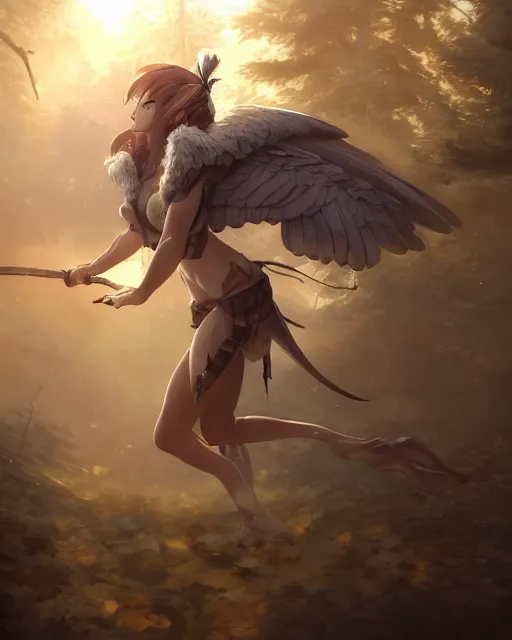 Image similar to a female anthropomorphic eagle warrior. She has two wings on her back. Forest, clearing. Full shot, wings are focus. Atmospheric lighting, By Makoto Shinkai, Stanley Artgerm Lau, WLOP, Rossdraws, James Jean, Andrei Riabovitchev, Marc Simonetti, krenz cushart, Sakimichan, D&D trending on ArtStation, digital art.