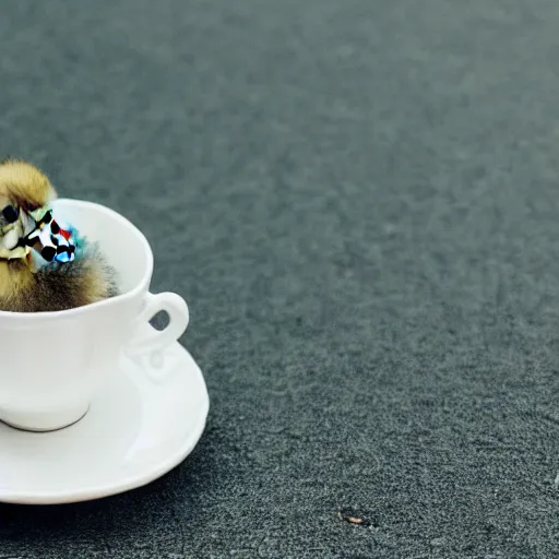 Image similar to cute duckling sitting in a teacup, photography, minimalistic, 8 k