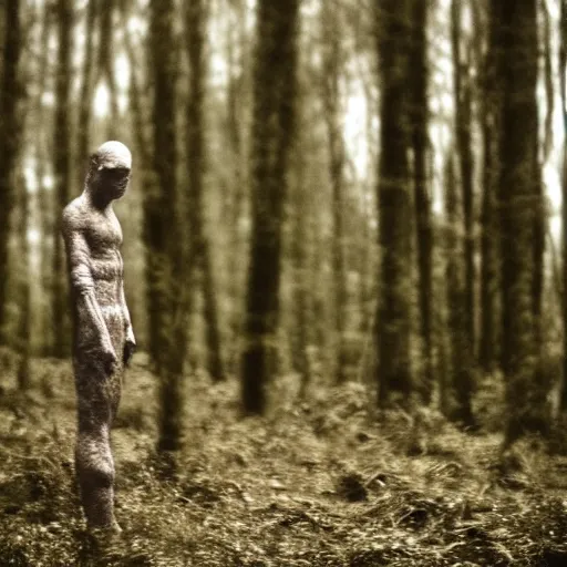 Prompt: grainy old photo of a grey alien in a forest. blurry