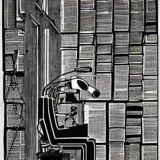 Image similar to a robot reading a book sitting in a desk chair and on the table a desk lamp turned on, in the background many books! dream a robot reading a book sitting in a desk chair and on the table a desk lamp turned on, in the background many books, gothic art, harlem renaissance