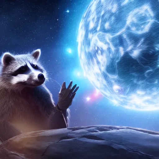 Image similar to A digital concept art painting a space cosmic racoon in the stars 4K UHD image, unreal engine