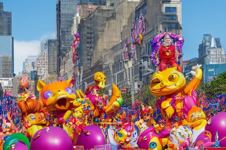 Image similar to photo of giant elaborate parade float characters designed by geoff darrow!!!! and ( ( ( ( ( ( lisa frank ) ) ) ) ) ), in the macys parade, detailed 4 k photo