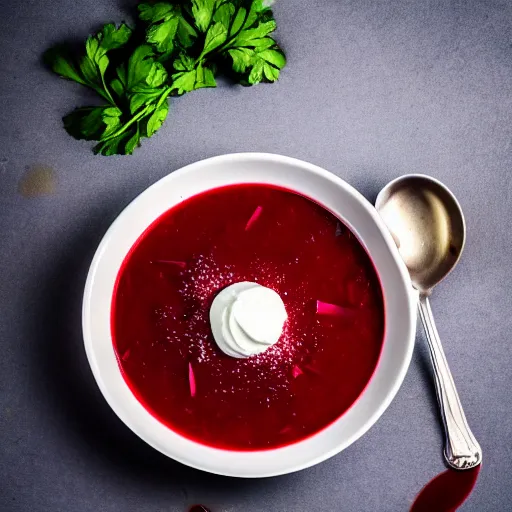Image similar to a bowl of borscht wearing cat ears, award winning food photo, 4 k, delicious, polish food, high quality