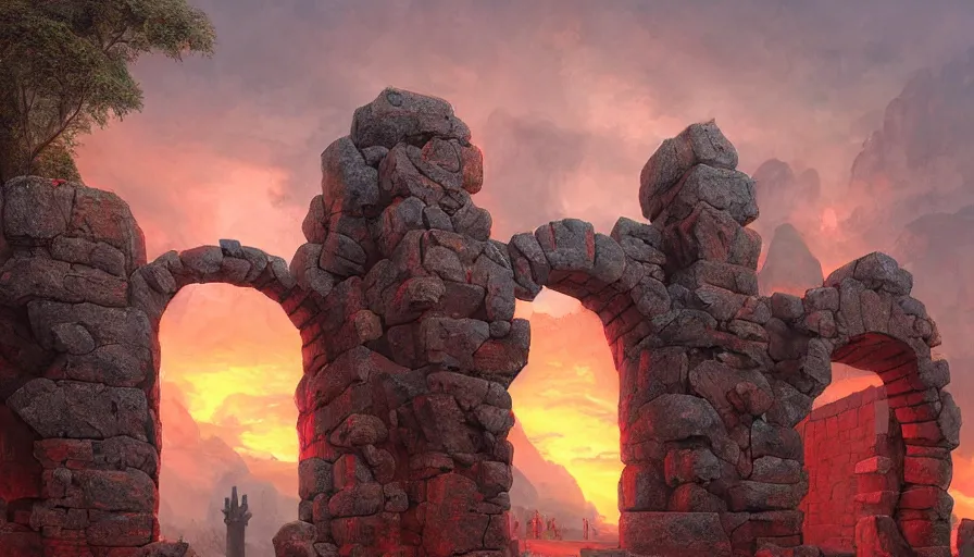 Prompt: gigantic stone gates that serve as the entrance to the underworld, fire, red sky, red rain, rule of thirds, highly detailed, volumetric lighting, trending on artstation, concept art, matte painting, 4k, octane render, art by ted nasmith and greg rutkowski