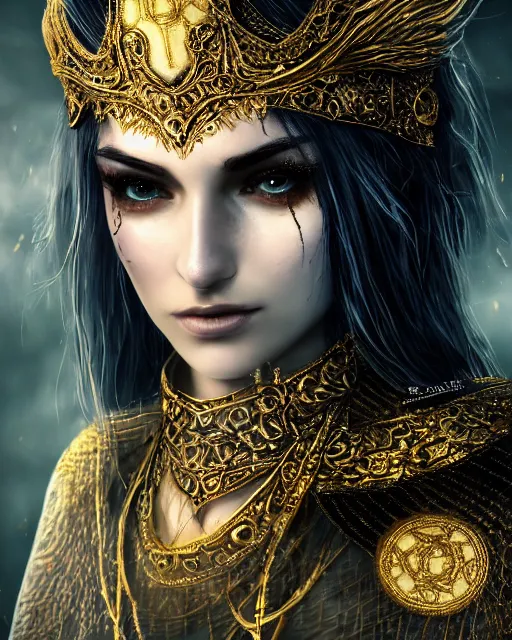 Image similar to highly detailed sharp photorealistic portrait of a beautiful female priestess with shimmering hair, symmetrical face and eyes, dressed in intricate silk, lined with golden glowing georgian words, cgsociety, Elden Ring, Dark Souls, Bloodborne