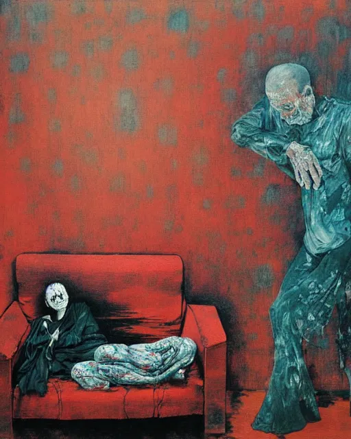 Prompt: thick flowing expressive acrylic painting of an old dead couple sitting on a couch in an old soviet apartment, Beksinski painting, part by Adrian Ghenie and Gerhard Richter. art by Takato Yamamoto, Francis Bacon masterpiece