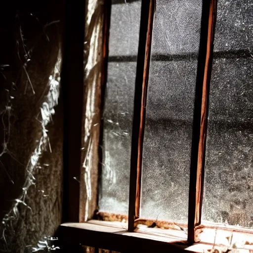Image similar to a film production still, 2 8 mm, wide shot of a cabin interior, wooden furniture, cobwebs, spiderwebs, window light illuminates dust in the air, abandoned, depth of field, cinematic